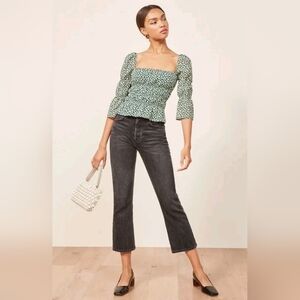 Reformation Ayla Kelly Green Square Neck Blouse S Puffy Sleeve Ditsy Floral